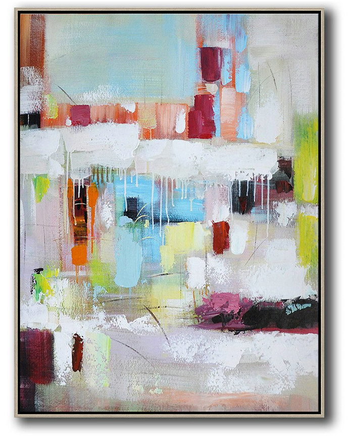 Large Abstract Painting,Vertical Palette Knife Contemporary Art,Modern Art Blue,White,Red,Orange,Light Green